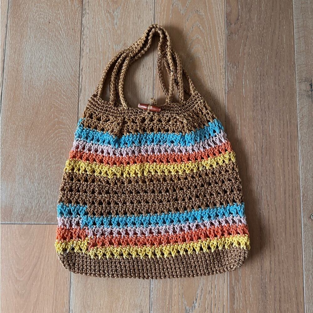 Boho Chic Crochet Festival Tote Bag Multicolor Stripe Beach Market Bag Cottage - Picture 3 of 6